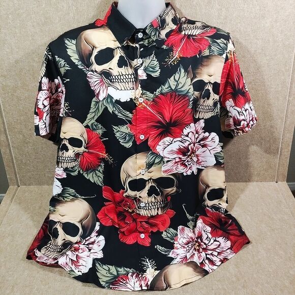 Vacation Skull Short Sleeve Button Up Shirt Mens XLarge #1 - Picture 2 of 5